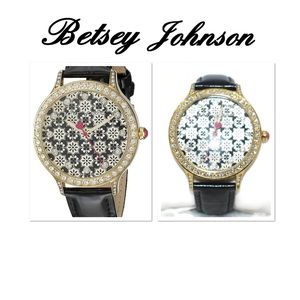 Betsey Johnson Rhinestone Black Leather Band Watch